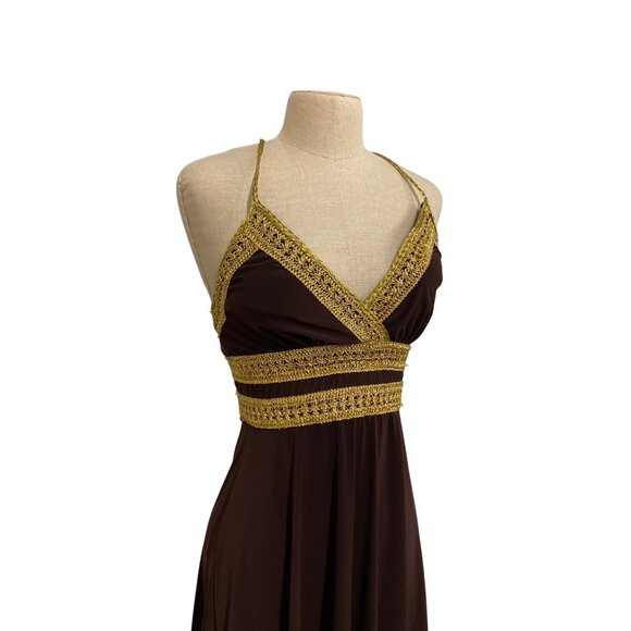 Vintage Eliza J. New York Brown & Gold Halter Dress With Crochet Detailing - Picture 3 of 8